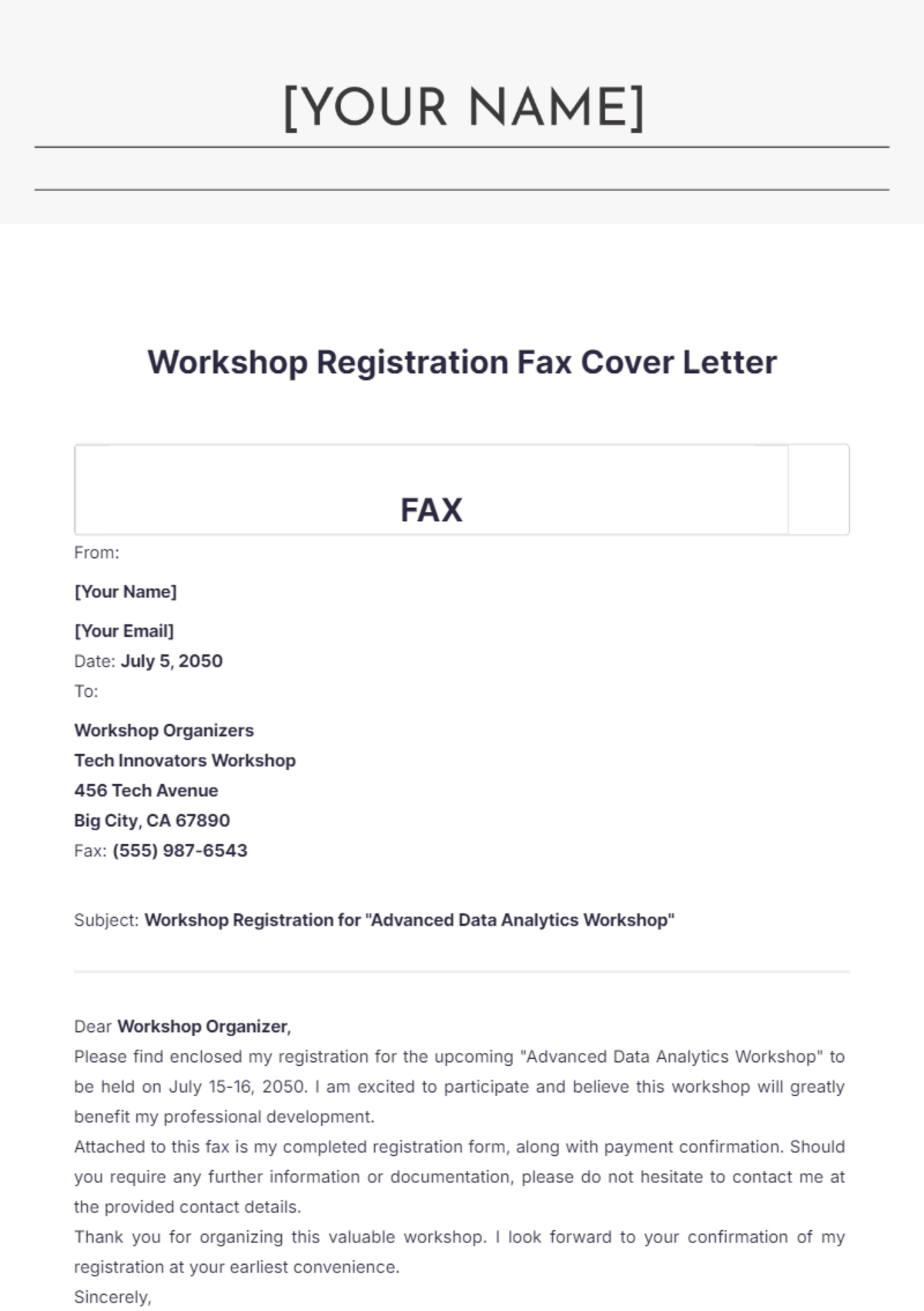 Workshop Registration Fax Cover Letter - Edit Online & Download