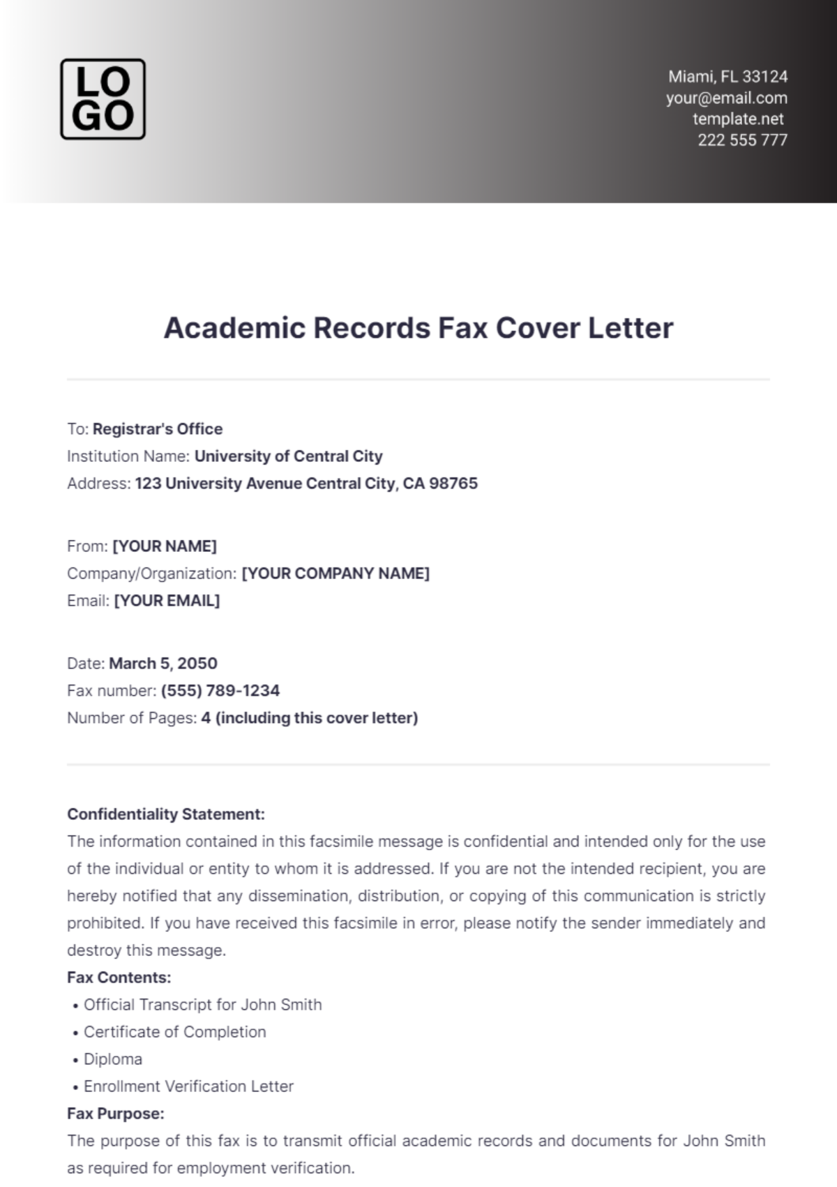 Academic Records Fax Cover Letter