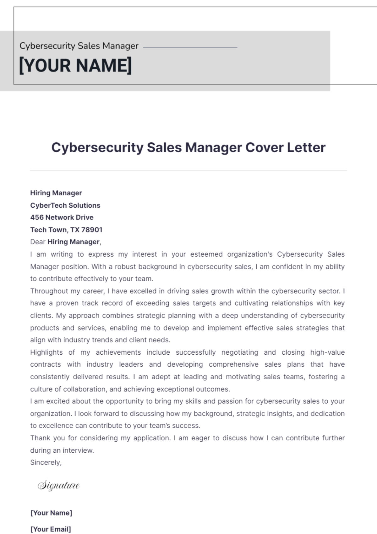 Cybersecurity Sales Manager Cover Letter