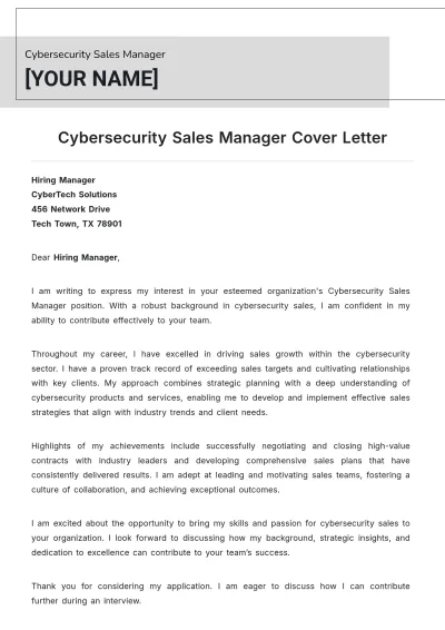 Free Cybersecurity Sales Manager Cover Letter to Edit Online