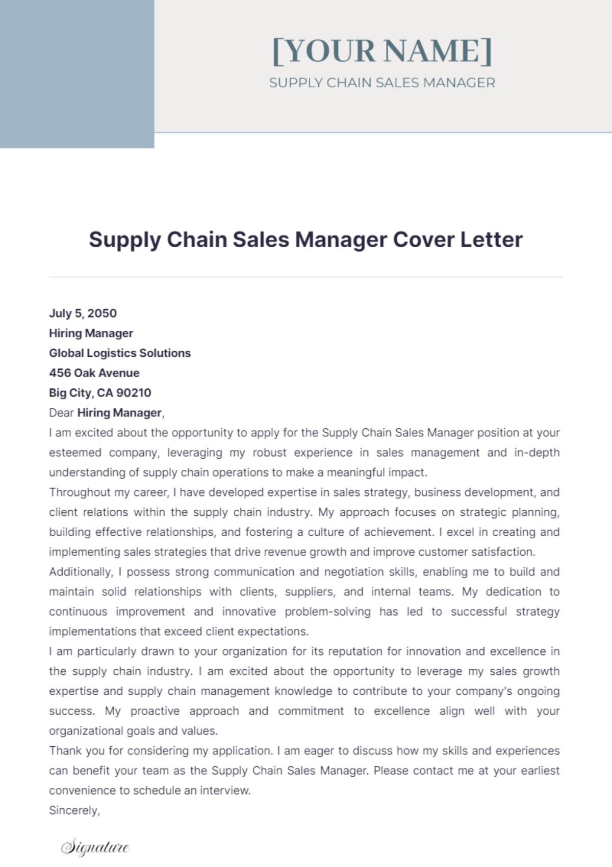 Supply Chain Sales Manager Cover Letter