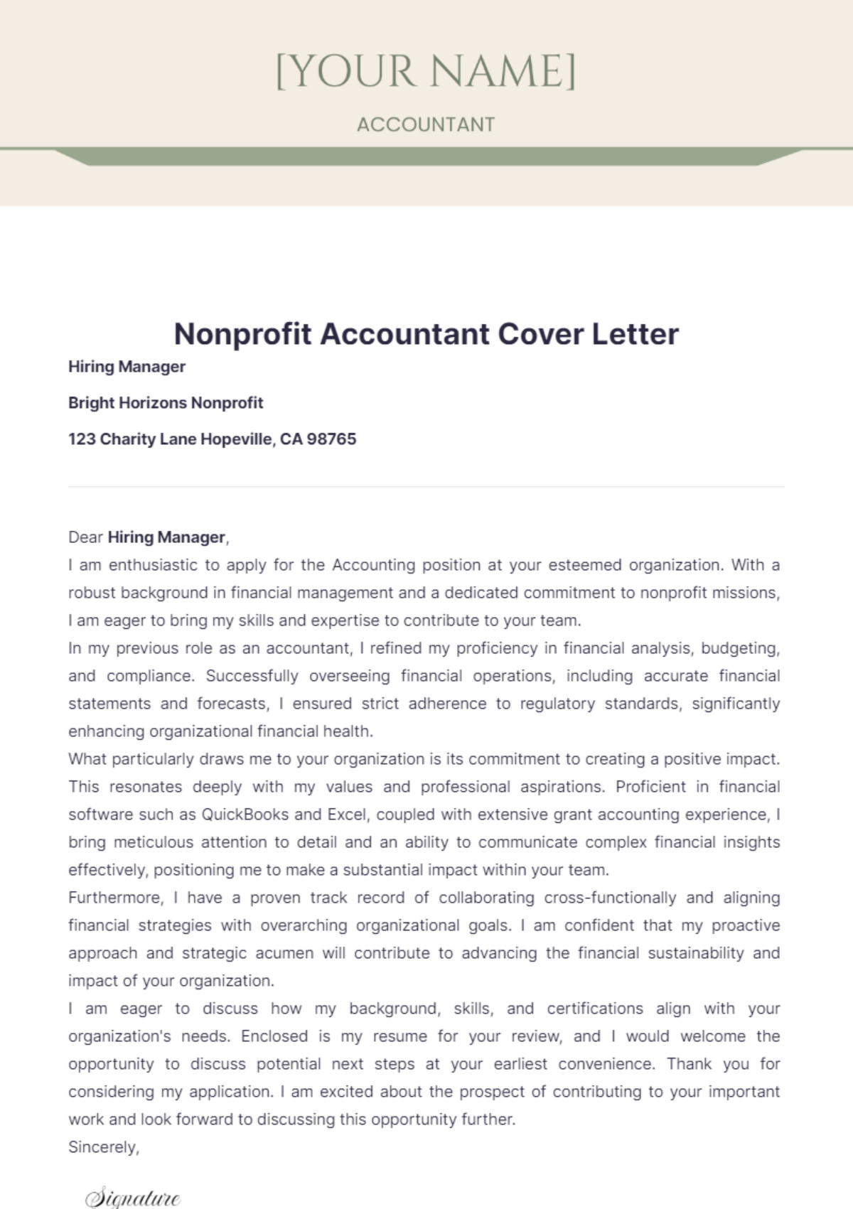 Nonprofit Accountant Cover Letter