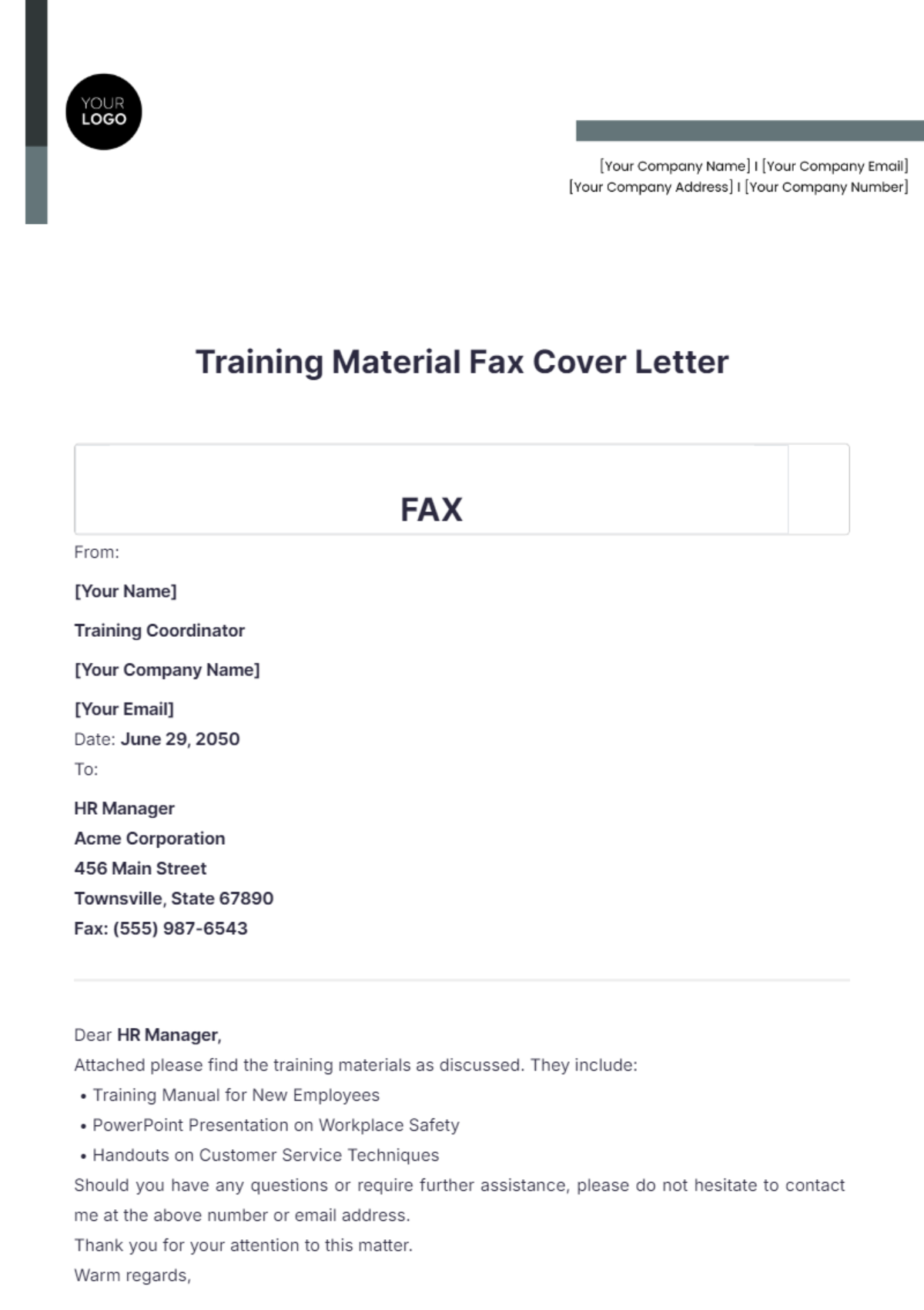 Training Material Fax Cover Letter - Edit Online & Download