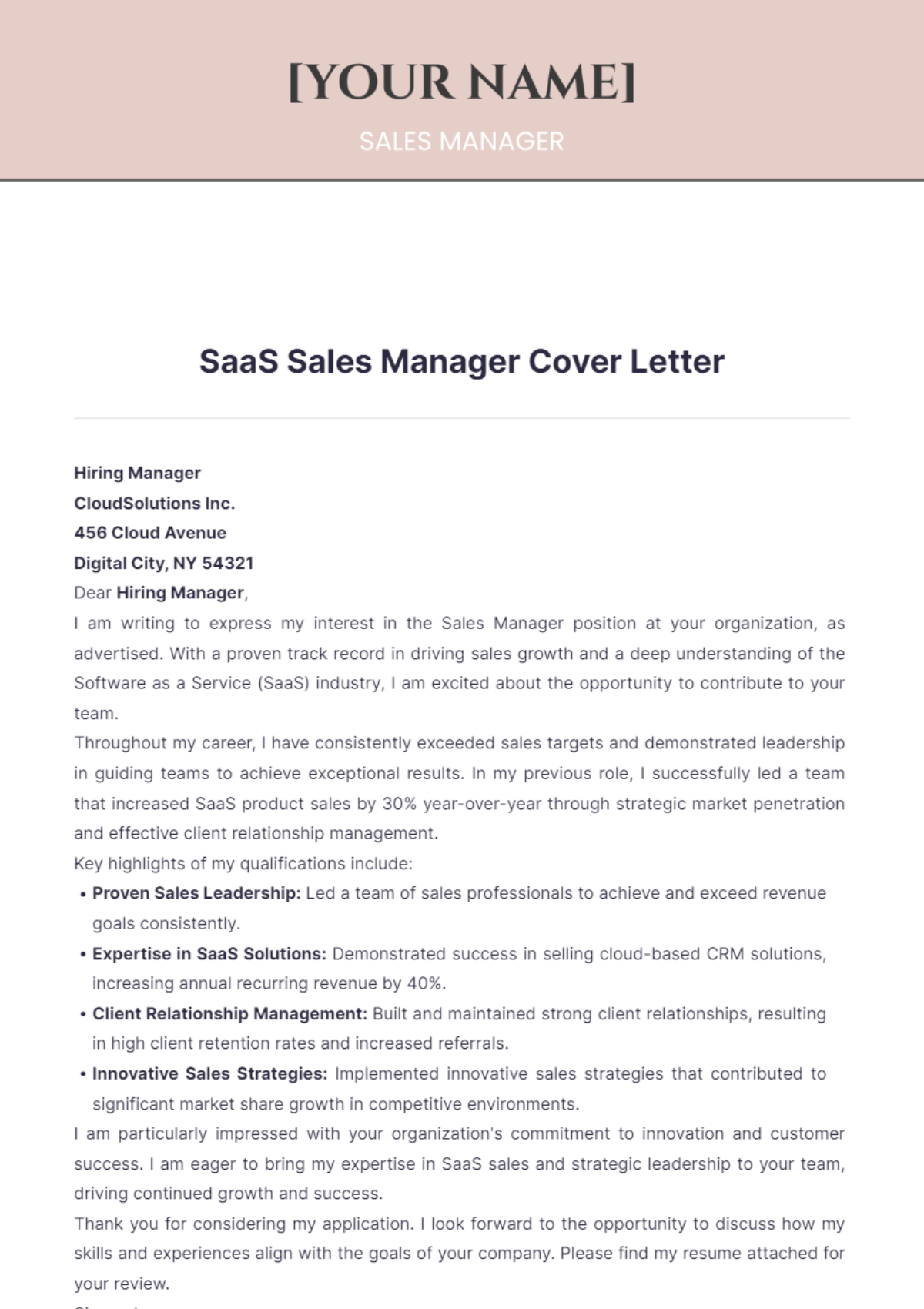 SaaS Sales Manager Cover Letter