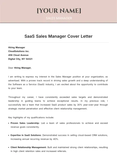 Free SaaS Sales Manager Cover Letter to Edit Online