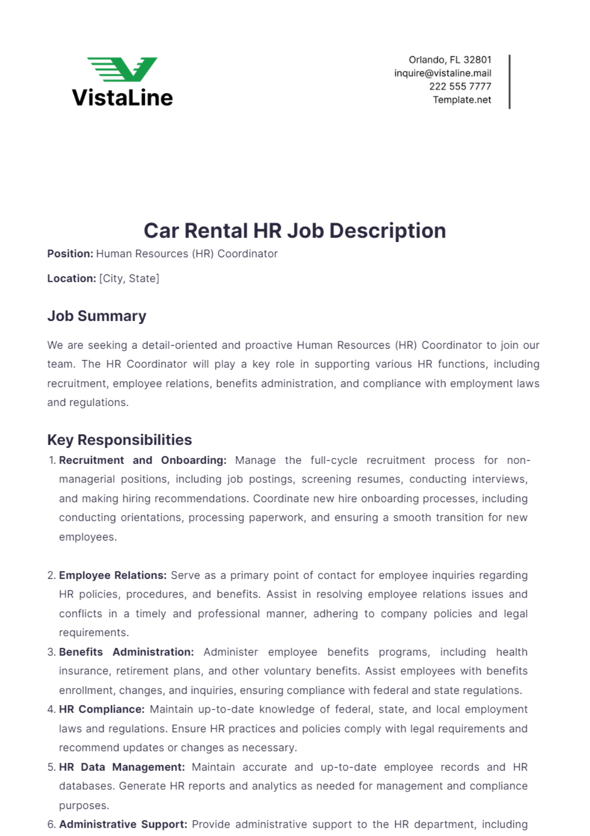 Car Rental HR Job Description Template - Edit Online & Download