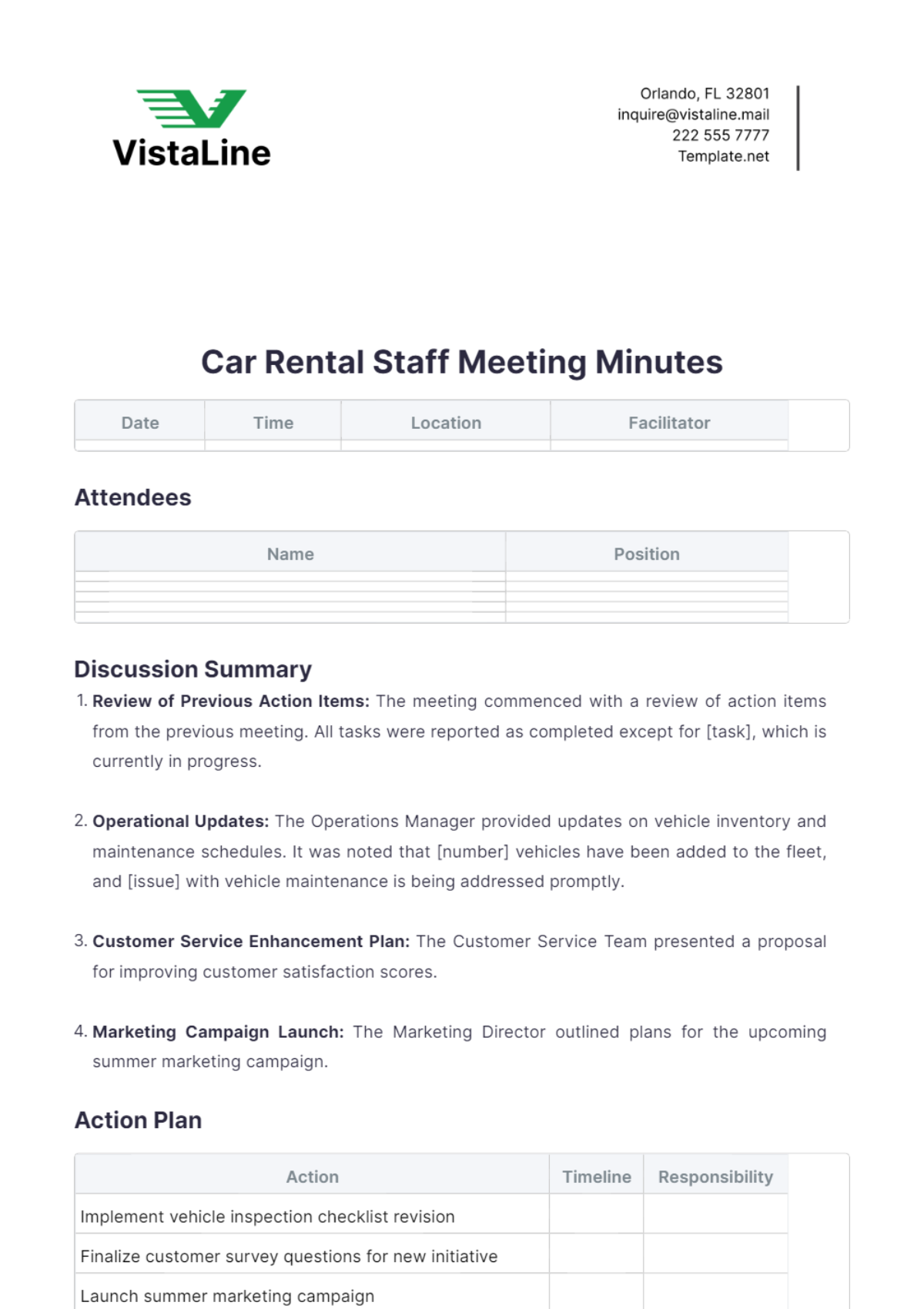 Car Rental Staff Meeting Minutes Template