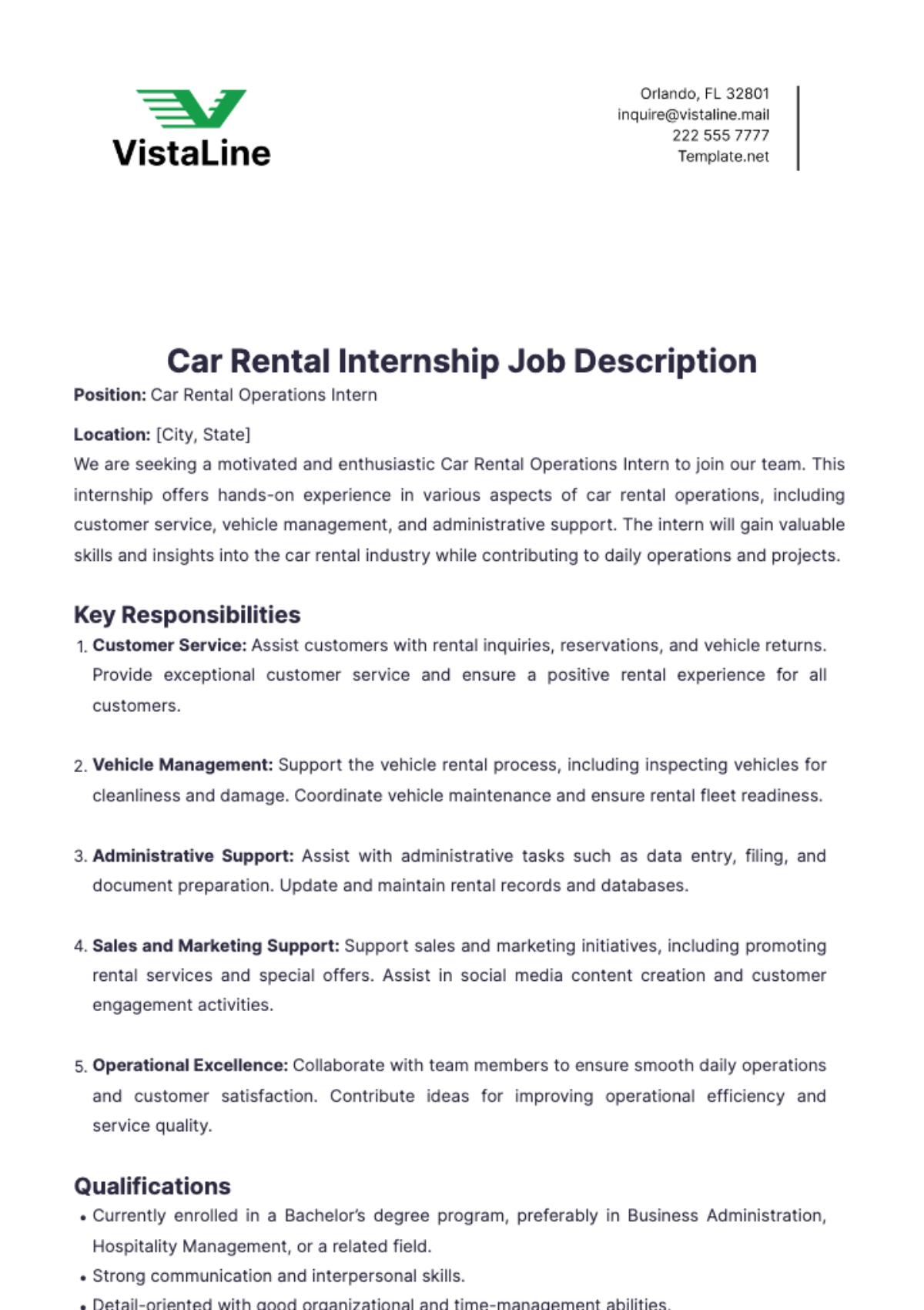 Car Rental Internship Job Description Template - Edit Online & Download