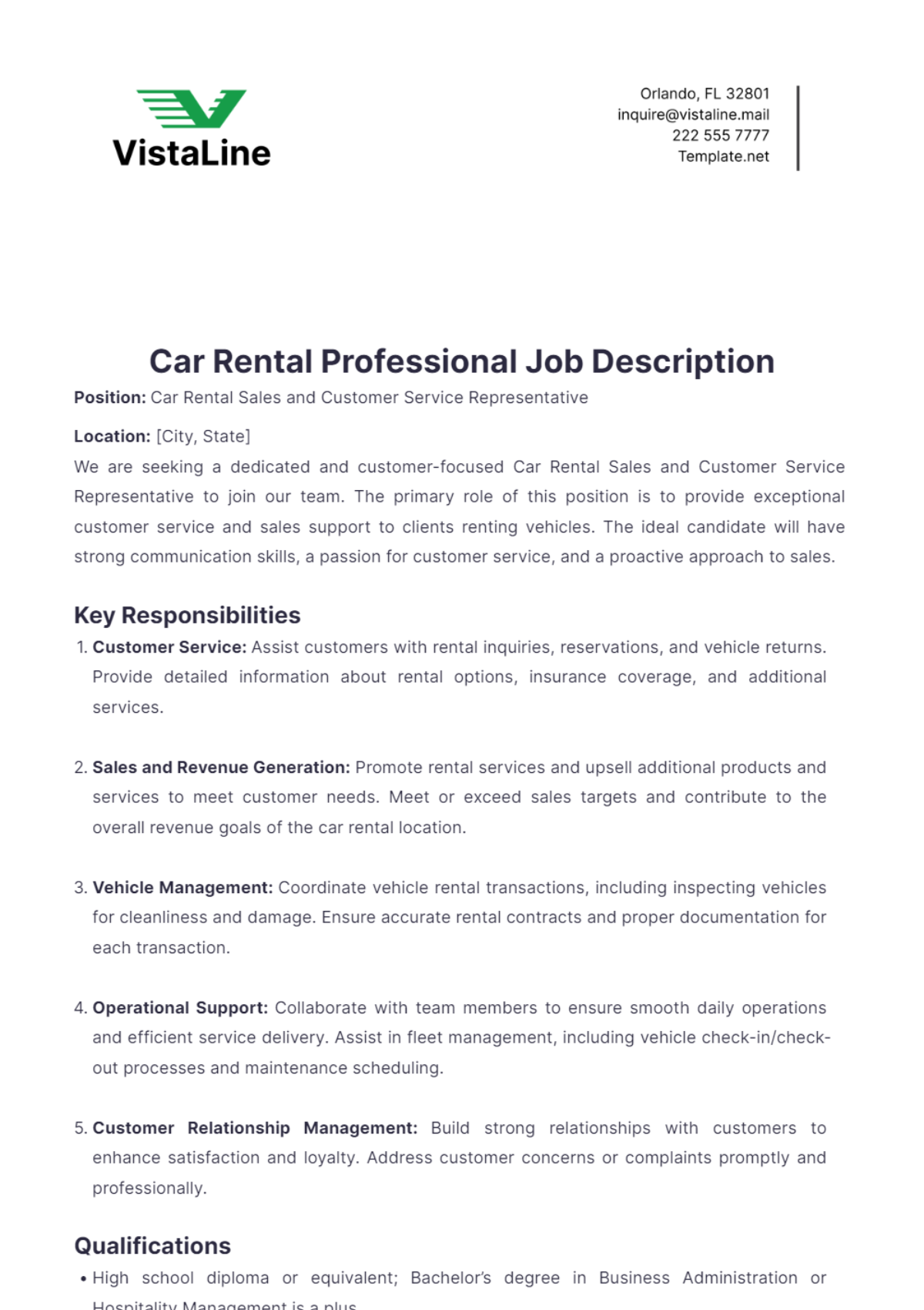 Car Rental Professional Job Description Template - Edit Online & Download