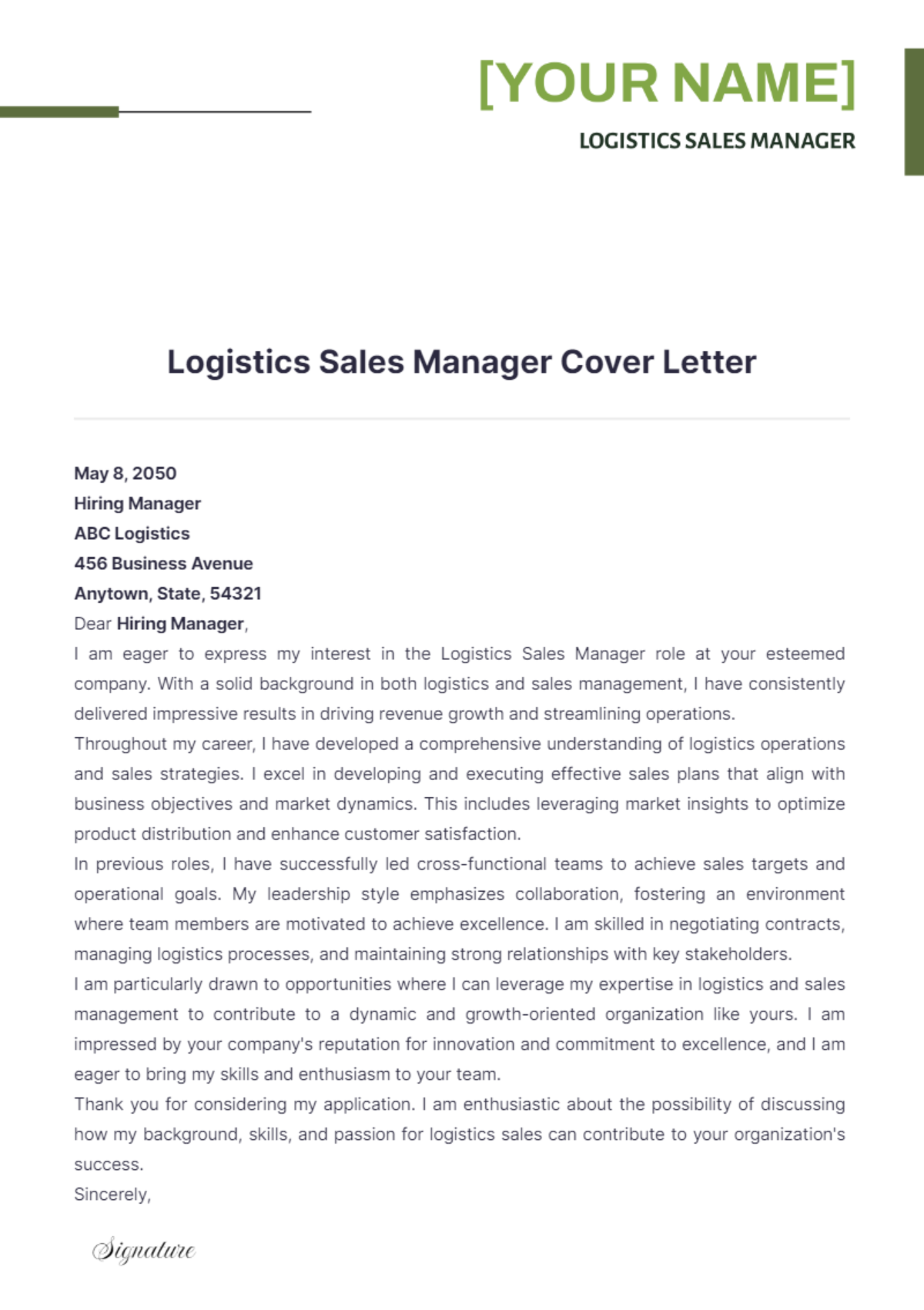 Logistics Sales Manager Cover Letter