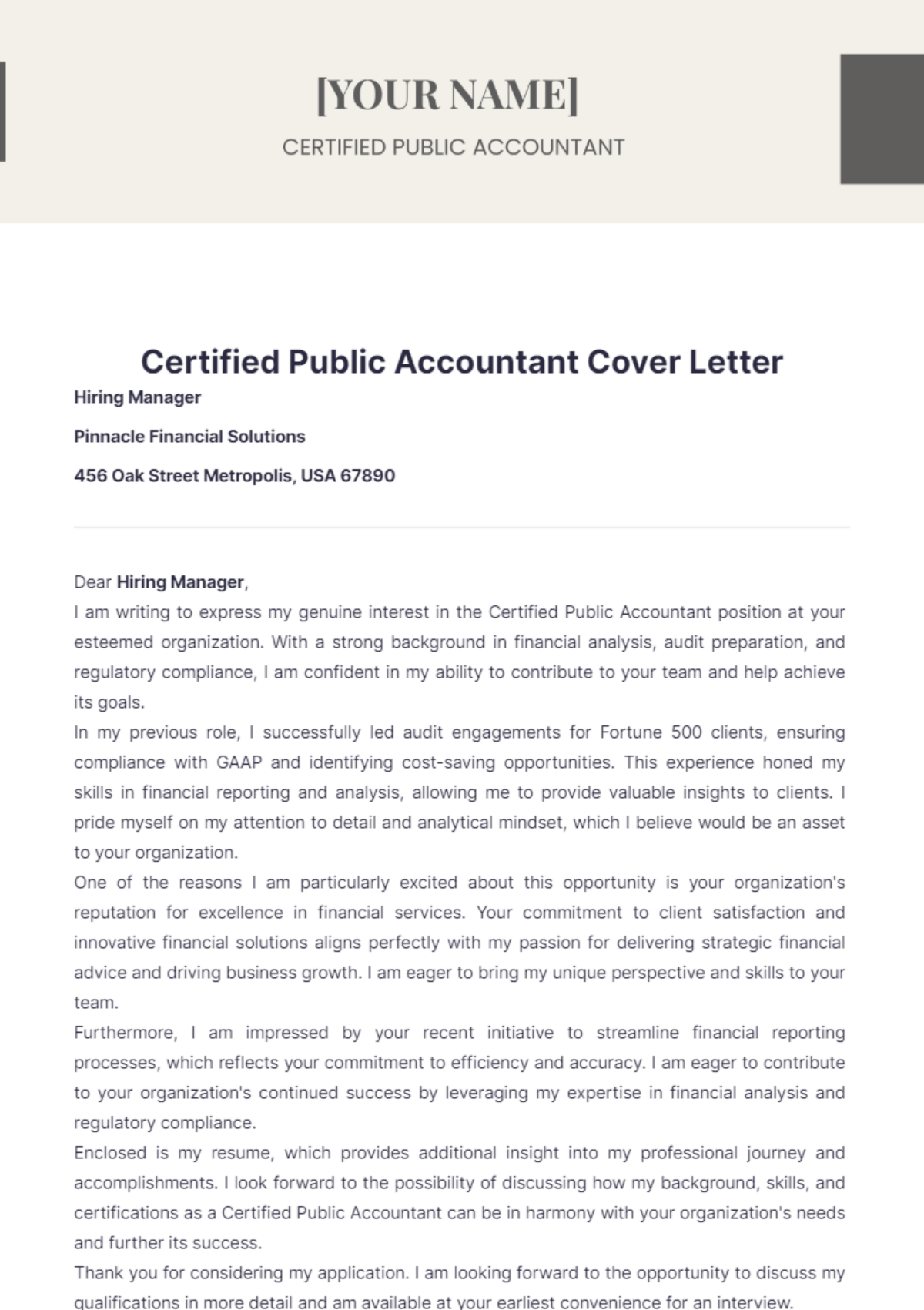 Certified Public Accountant Cover Letter