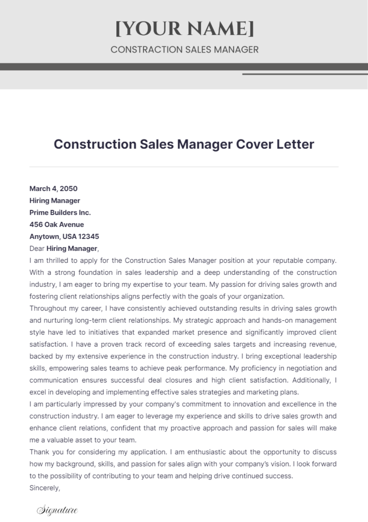 Construction Sales Manager Cover Letter