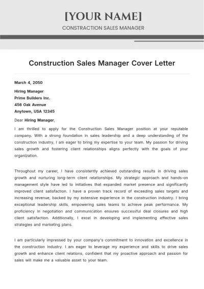 Free Construction Sales Manager Cover Letter to Edit Online