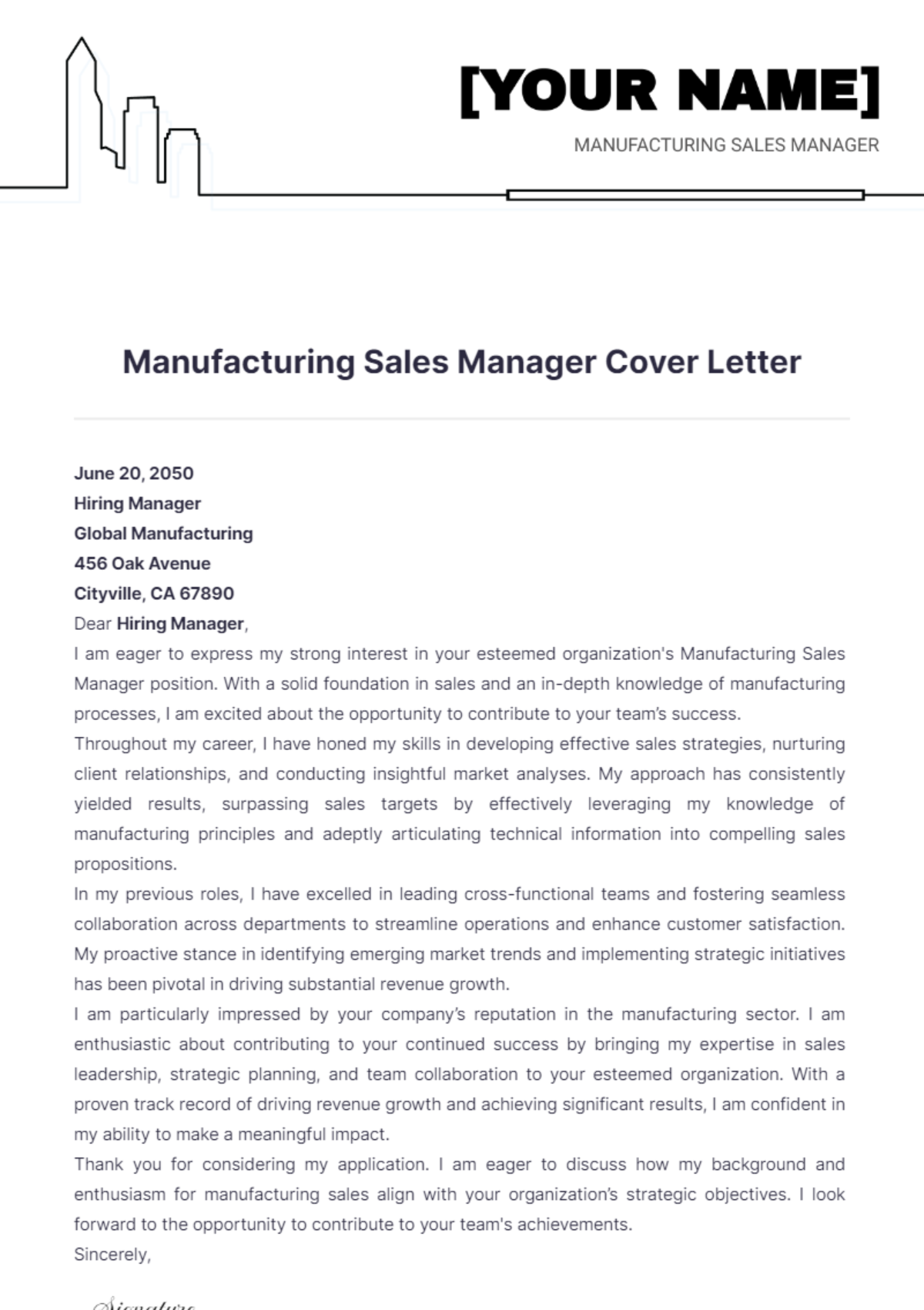 Manufacturing Sales Manager Cover Letter