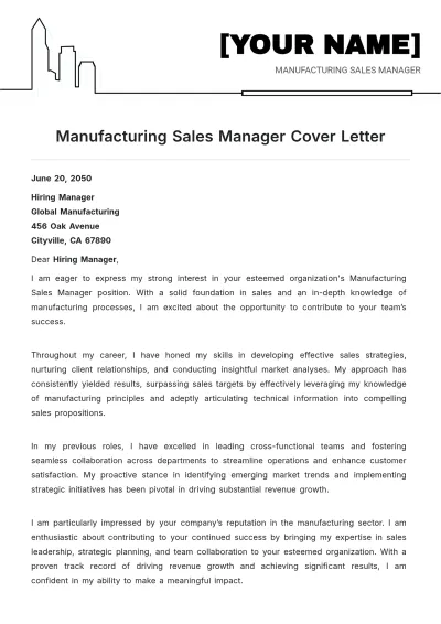 Free Manufacturing Sales Manager Cover Letter to Edit Online