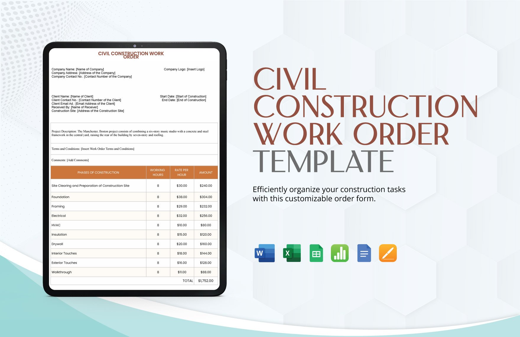 Civil Construction Work Order Template in Word, Google Docs, Excel, Google Sheets, Apple Pages, Apple Numbers
