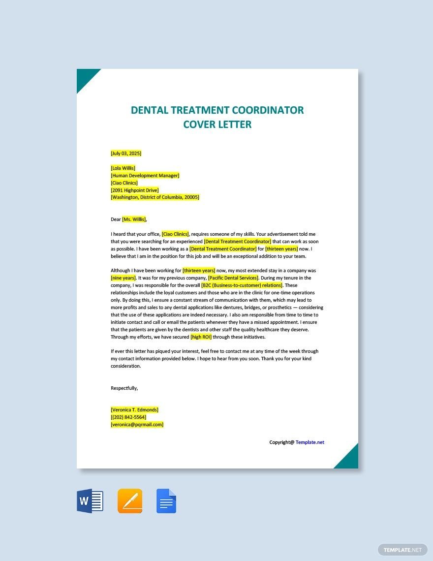 Free Dental Treatment Coordinator Cover Letter Template