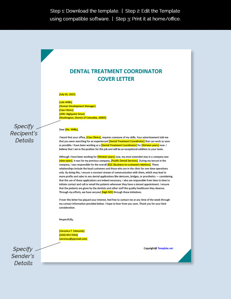 Dental Treatment Coordinator Cover Letter Template