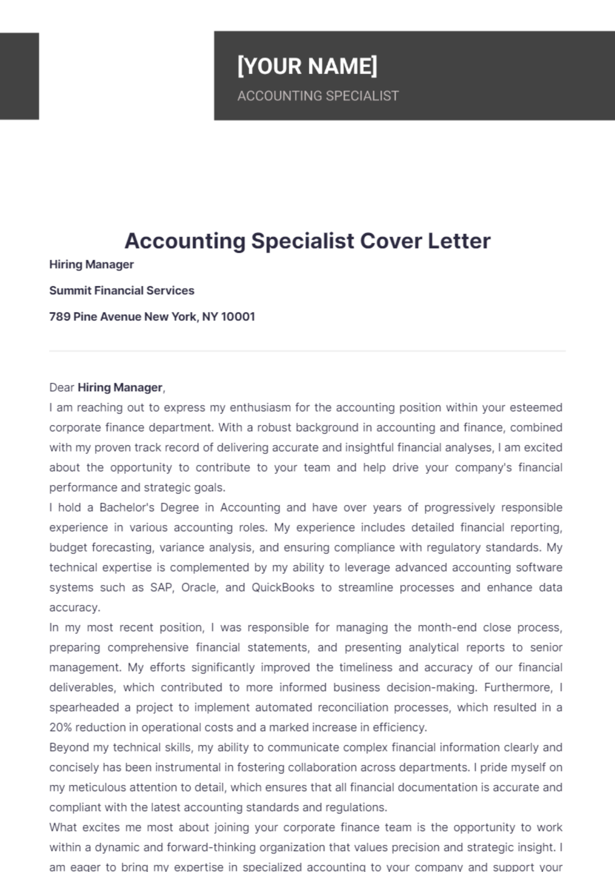 Accounting Specialist Cover Letter