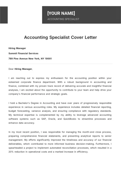 Free Accounting Specialist Cover Letter to Edit Online