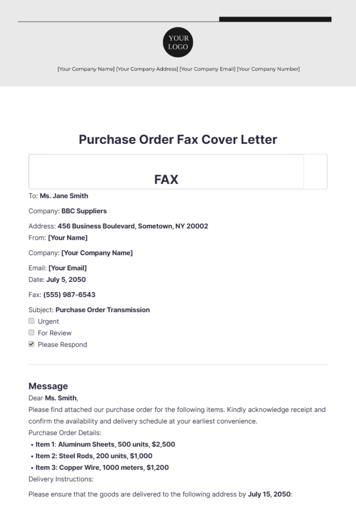 Purchase Order Fax Cover Letter - Edit Online & Download