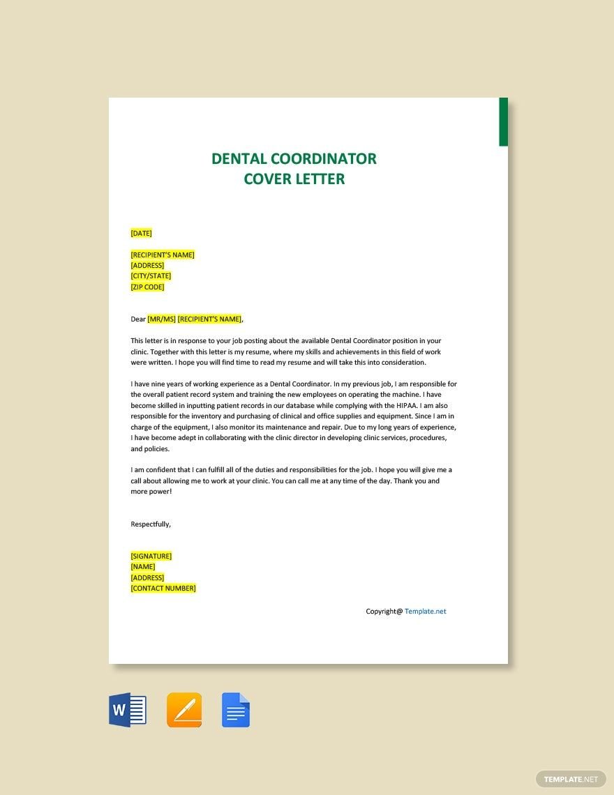 Free Dental Coordinator Cover Letter Template
