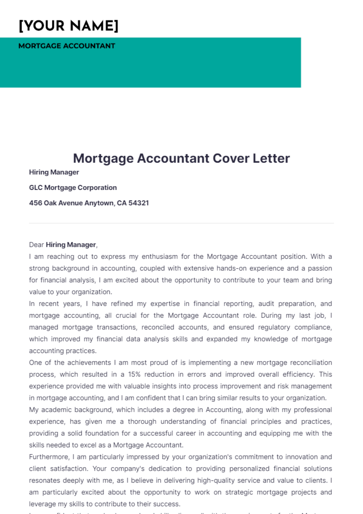 Mortgage Accountant Cover Letter - Edit Online & Download