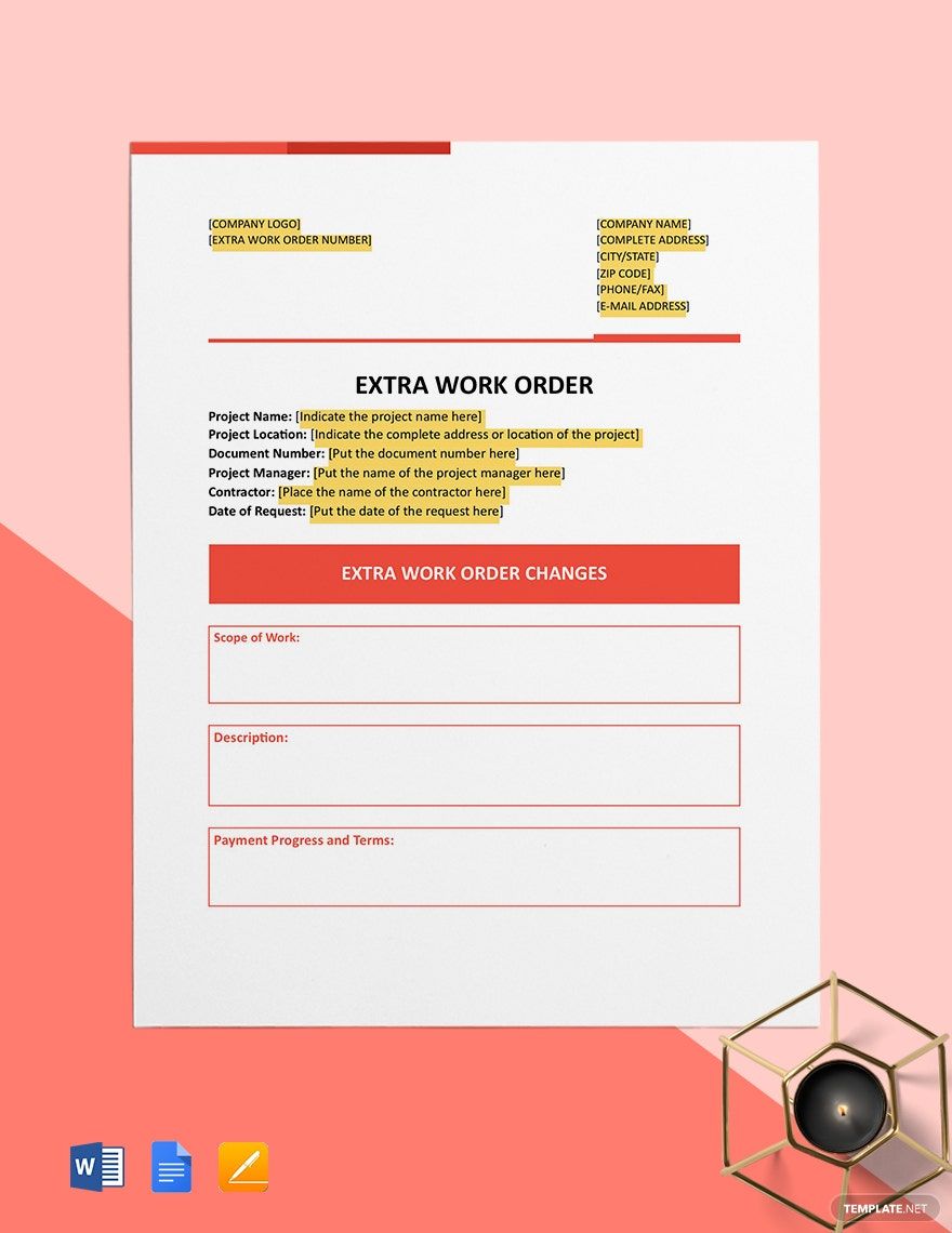 Extra Work Order Template in Pages, Word, Google Docs - Download | Template.net