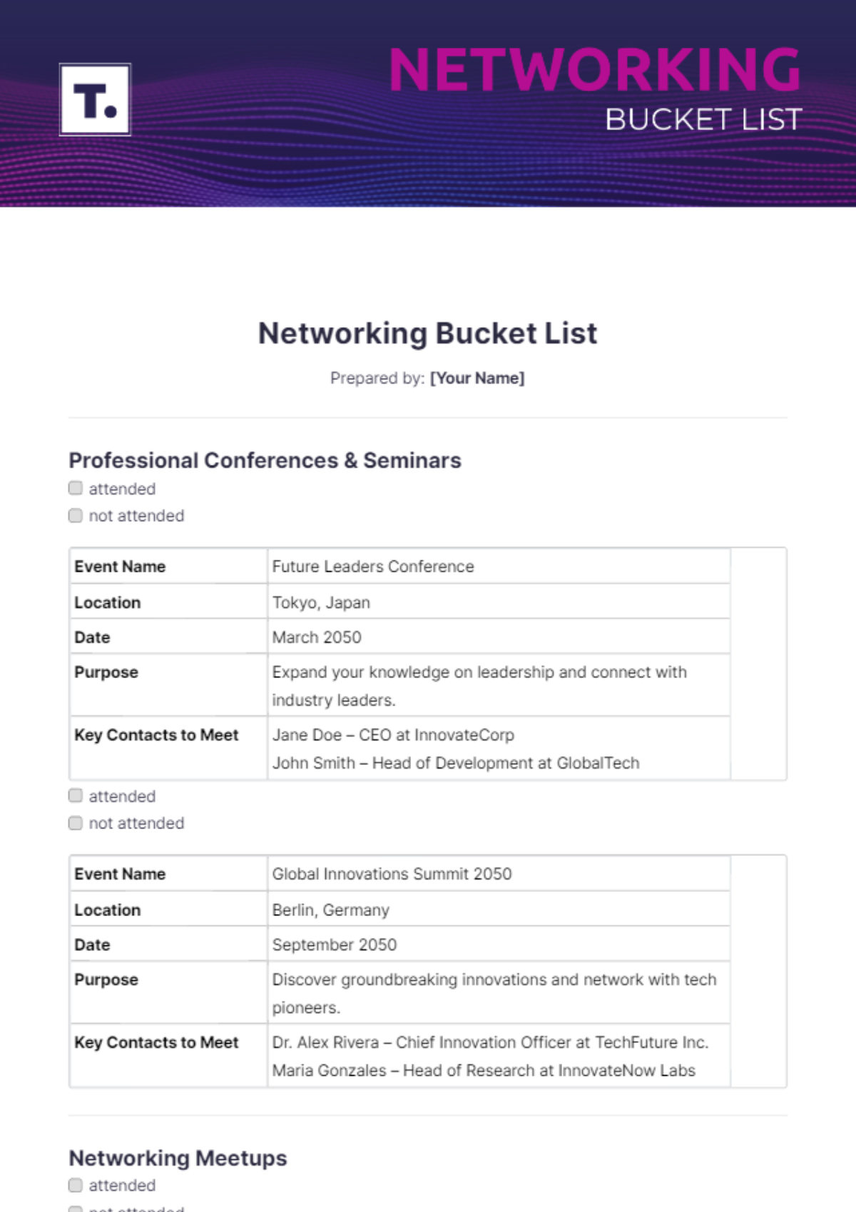 Networking Bucket List Template