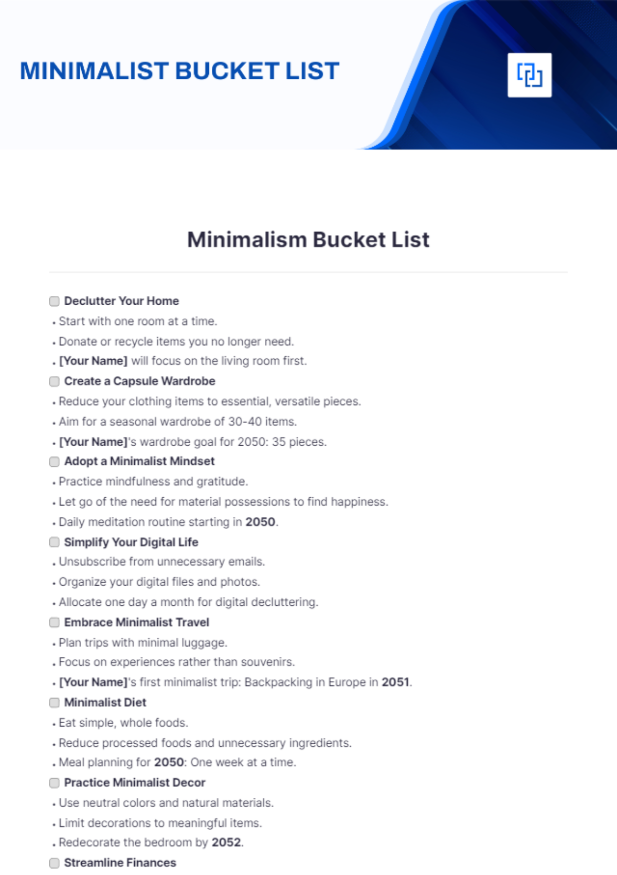 Minimalism Bucket List Template