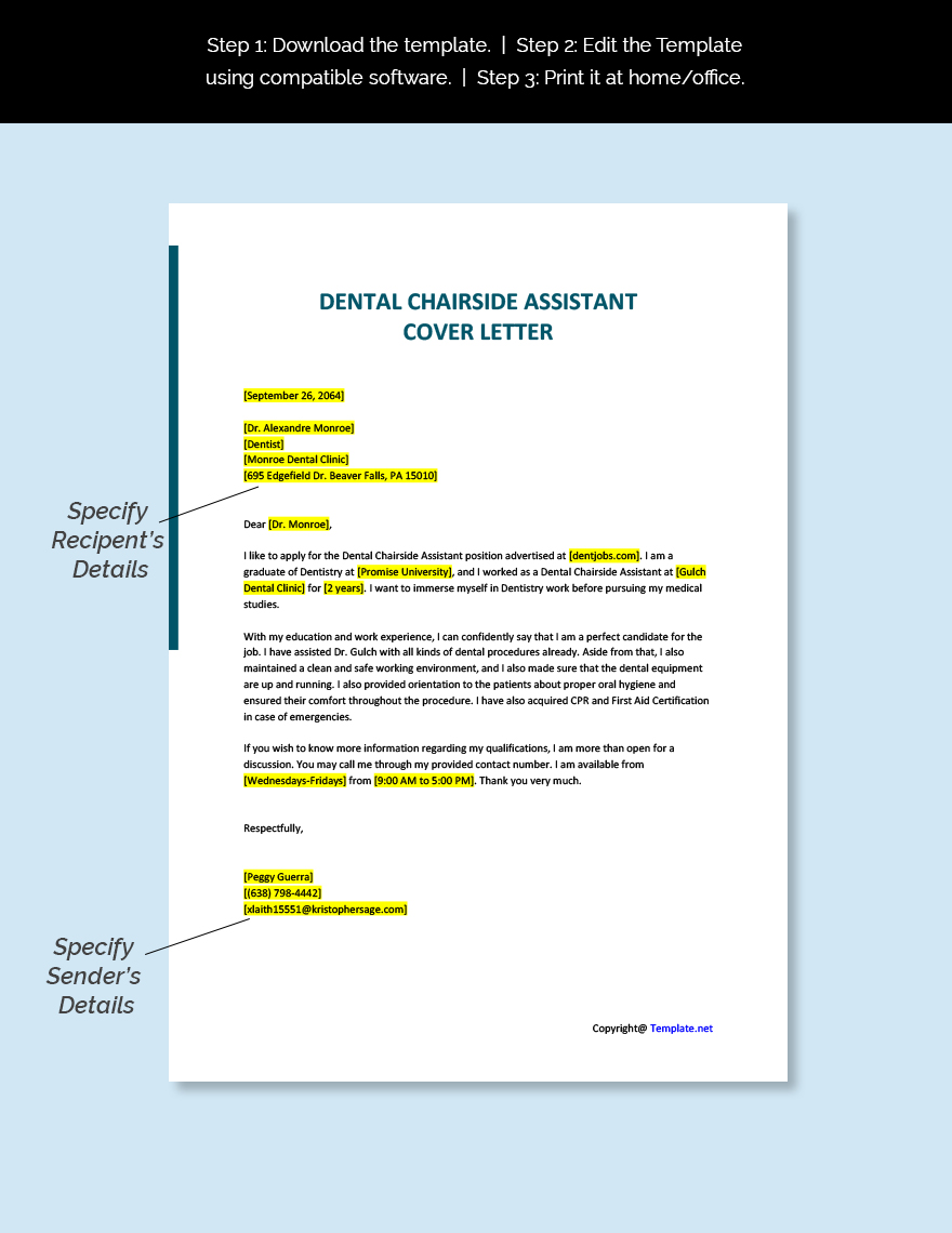 Dental Chairside Assistant Cover Letter Template