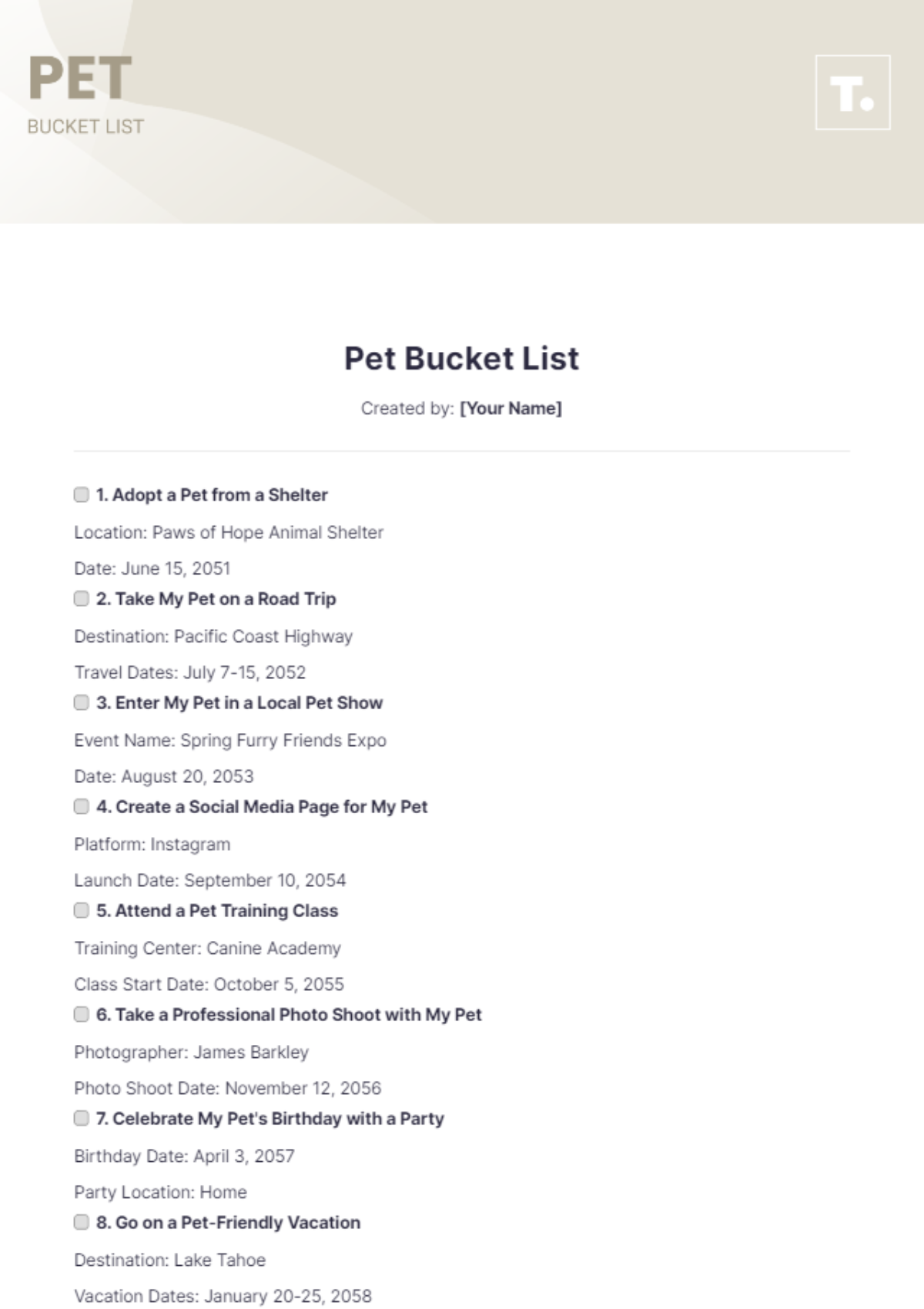 Pet Bucket List Template