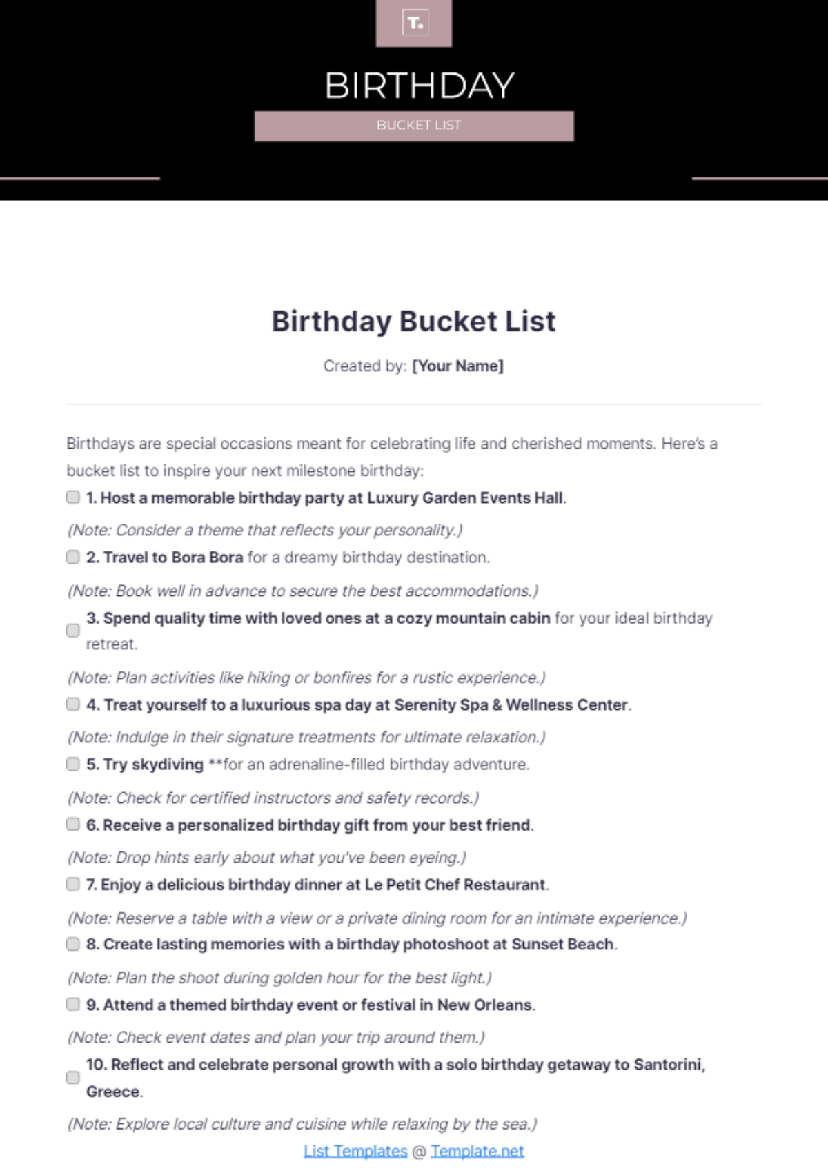 Birthday Bucket List Template - Edit Online & Download Example ...