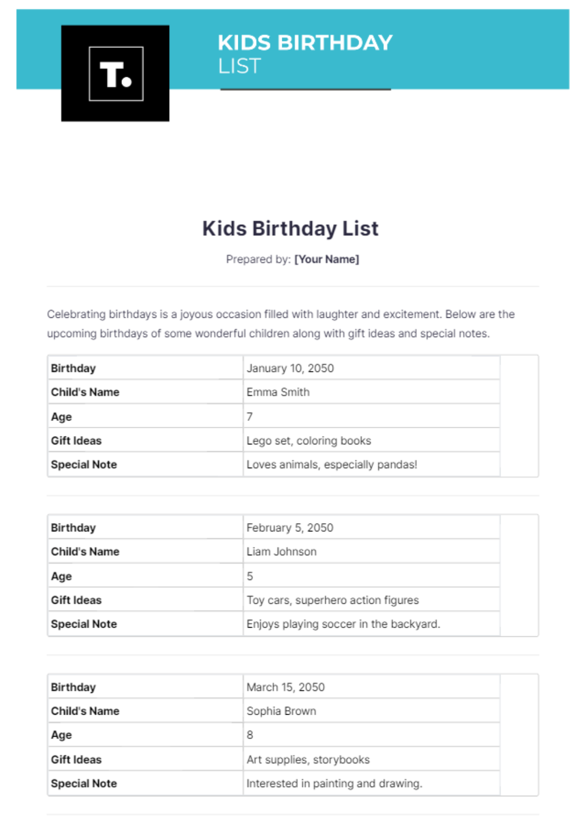 Kids Birthday List Template