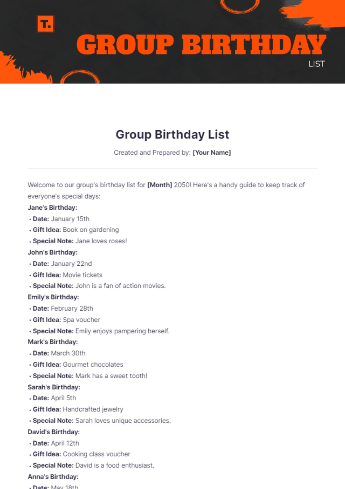 Group Birthday List Template