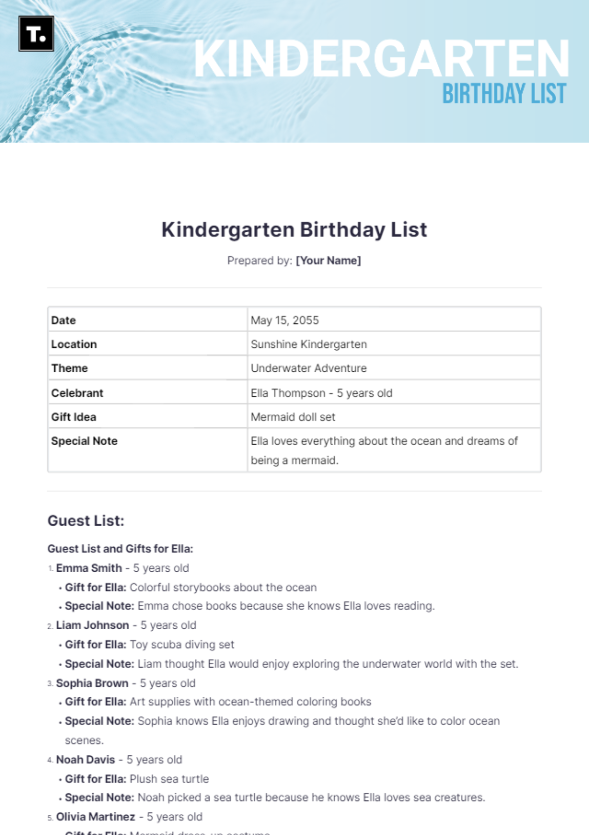 Kindergarten Birthday List Template