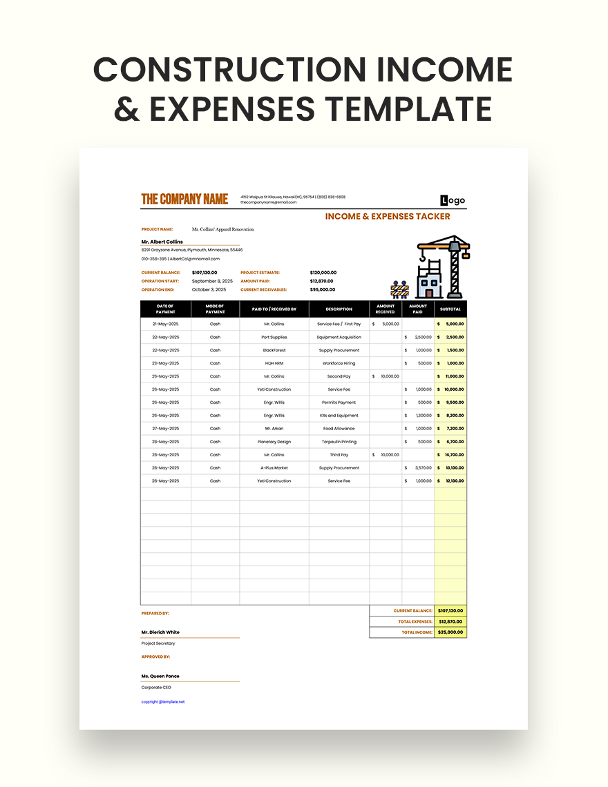 Construction Income & Expenses Template