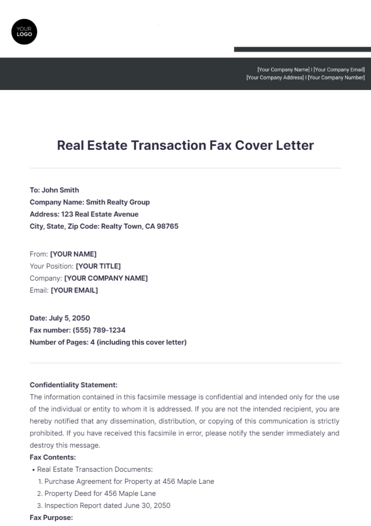 Real Estate Transaction Fax Cover Letter