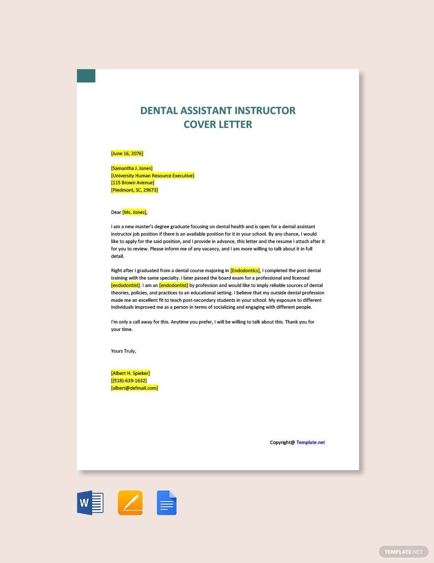 Free Dental Assistant Instructor Cover Letter Template