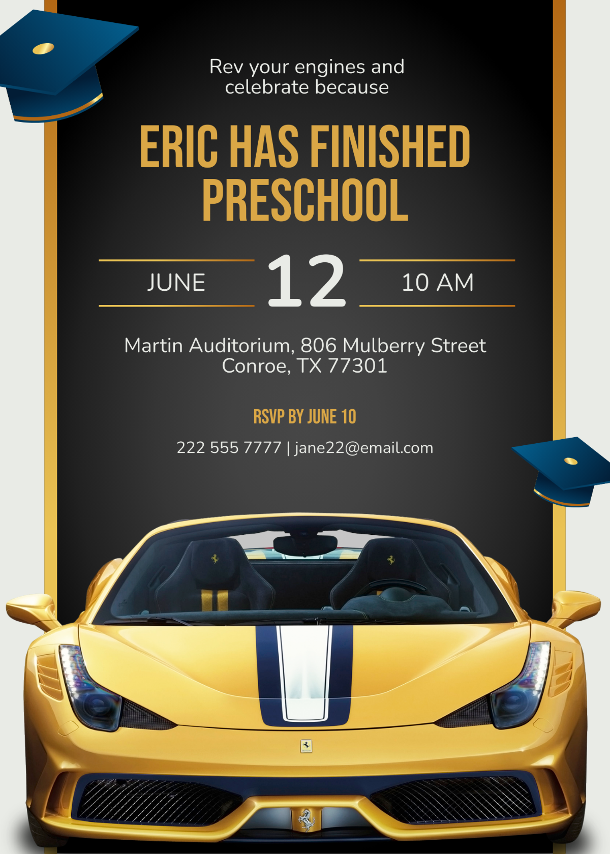 Sports Car Graduation Invitation Template - Edit Online & Download