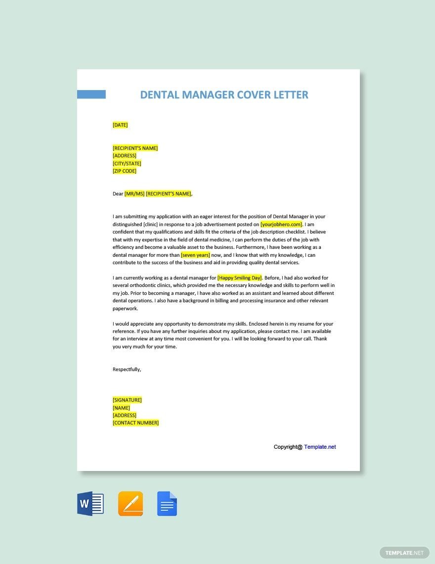 Free Dental Manager Cover Letter Template