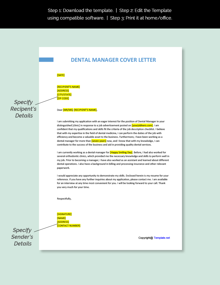 Dental Manager Cover Letter Template