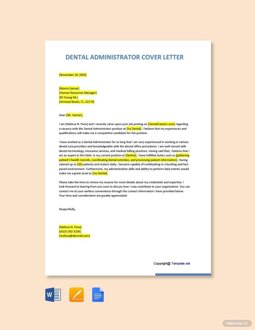 Free Dental Administrator Cover Letter Template