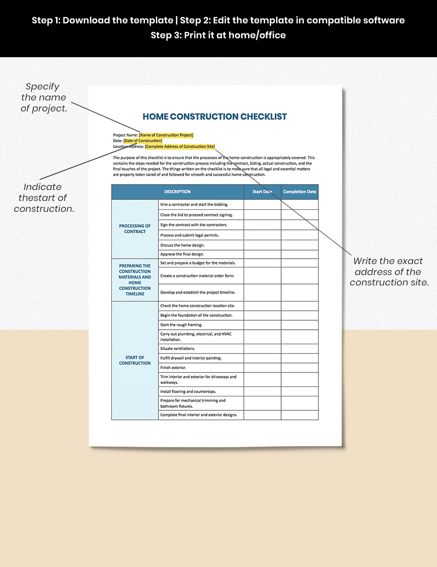 Home Construction Checklist Template in Pages Word Google Docs
