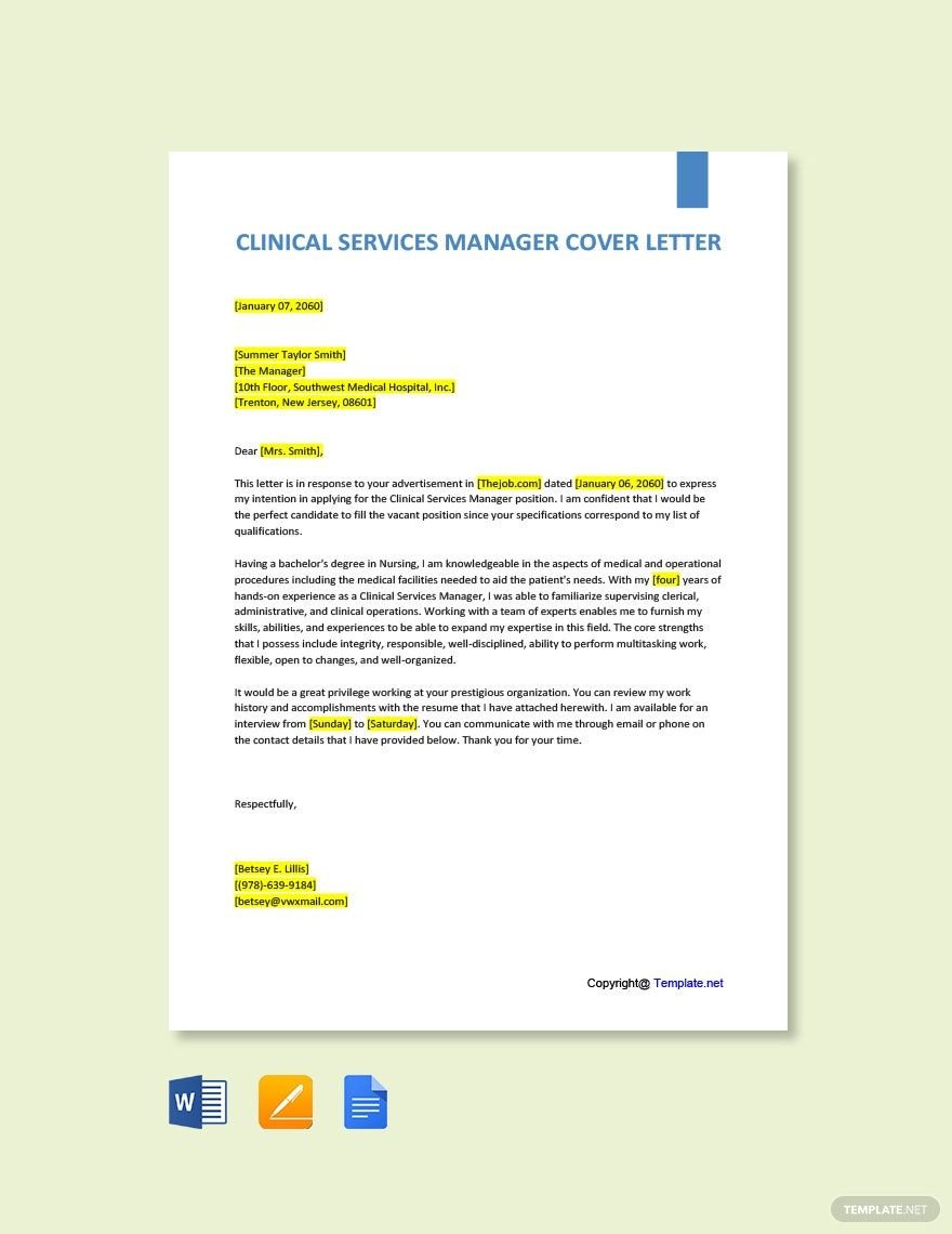 Free Clinical Services Manager Cover Letter Template