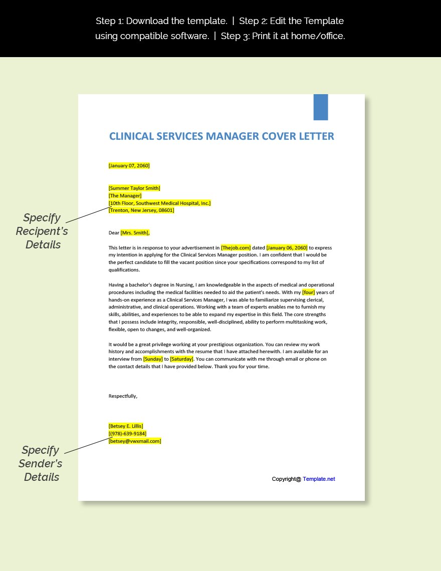 Clinical Services Manager Cover Letter Template