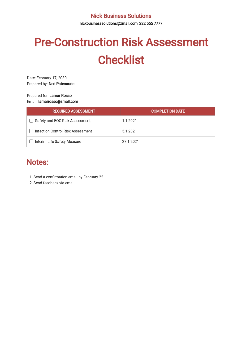PreConstruction Risk Assessment Checklist Template [Free PDF] Word