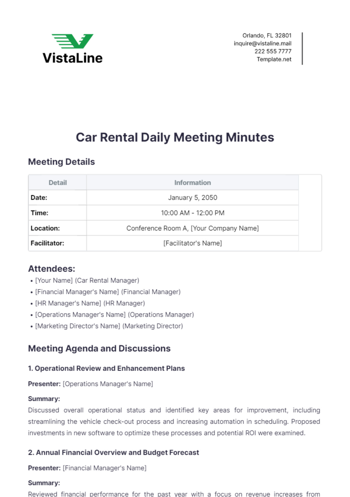 Car Rental Daily Meeting Minutes Template - Edit Online & Download