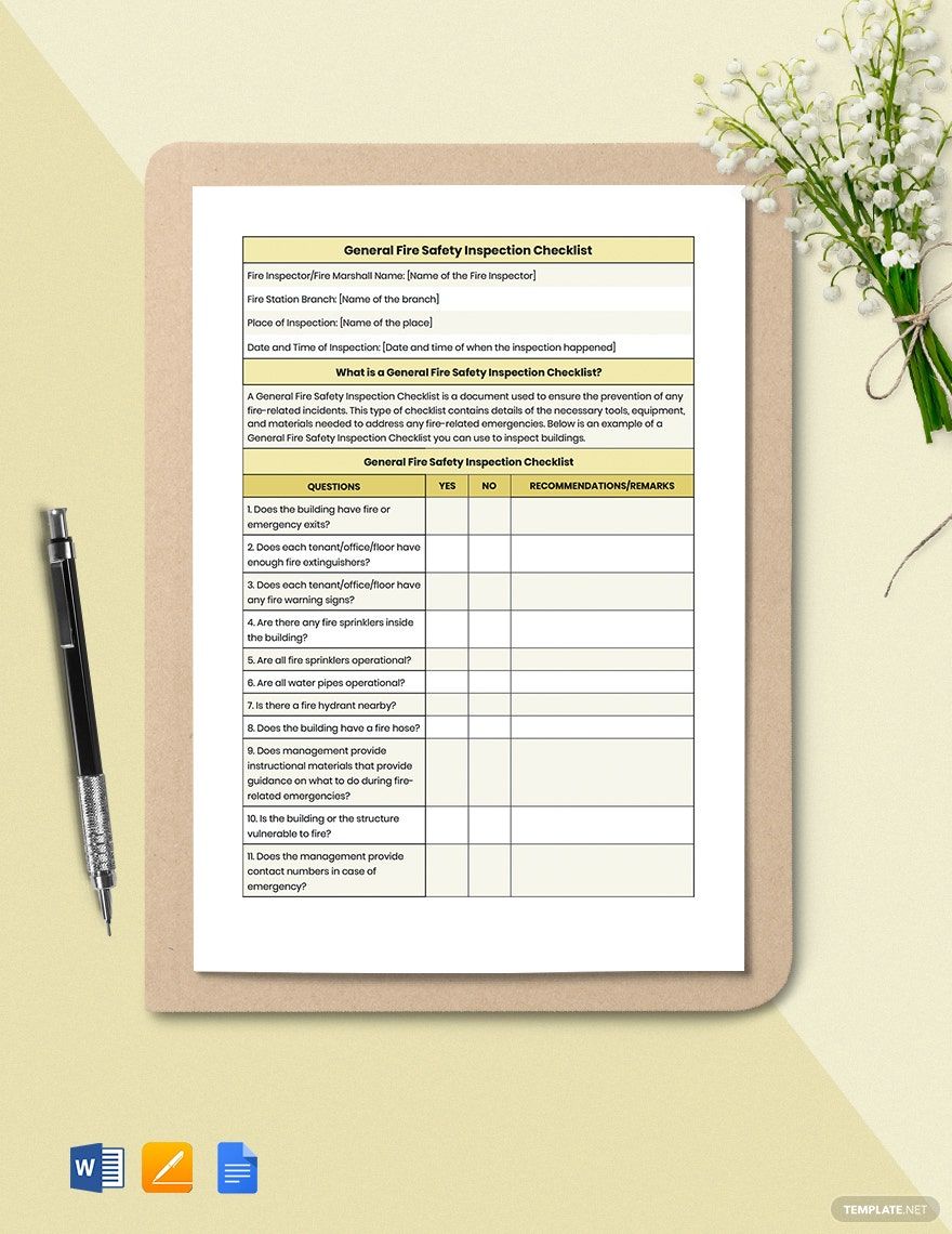 General Fire Safety Inspection Checklist Template Google Docs Word 