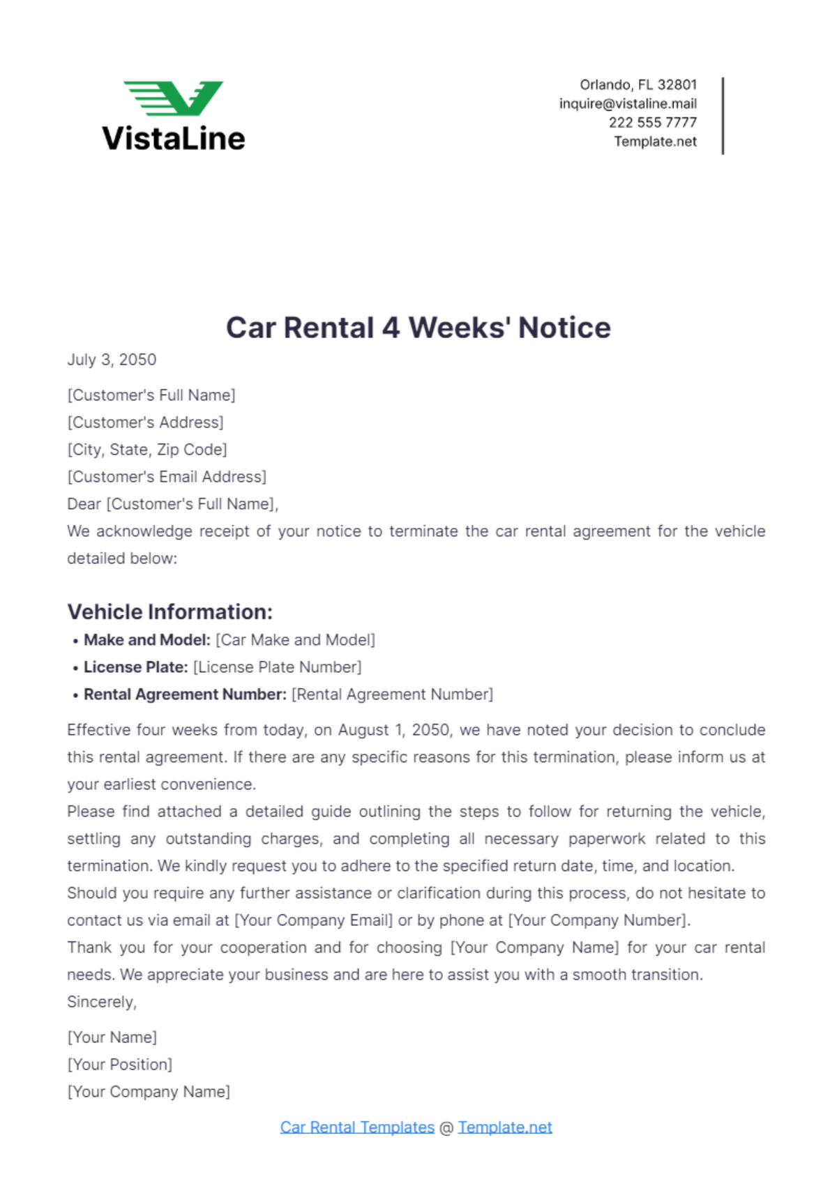 Car Rental 4 Weeks' Notice Template